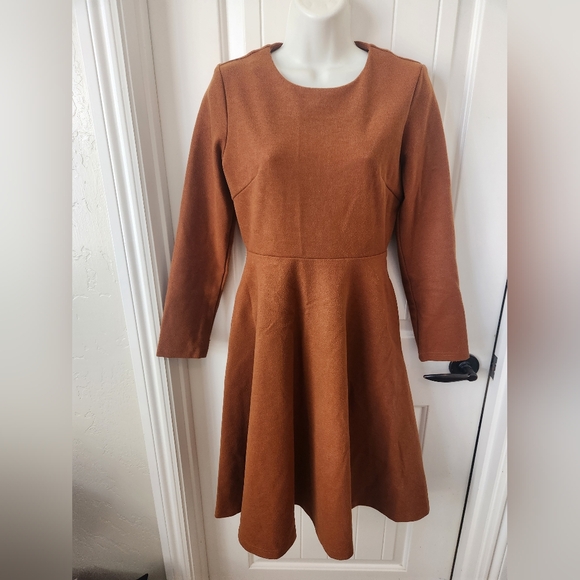 Woo.Woo.Shop. Rust Pleated A-Line Long Sleeve Dress Wool EUC Sz.S Like New - Picture 1 of 5
